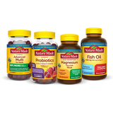 Nature Made supplement bottles including Advanced Multi, Probiotics, Magnesium, and Fish Oil.
