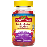 Nature Made Triple-Action Biotics bottle with gummy vitamins.