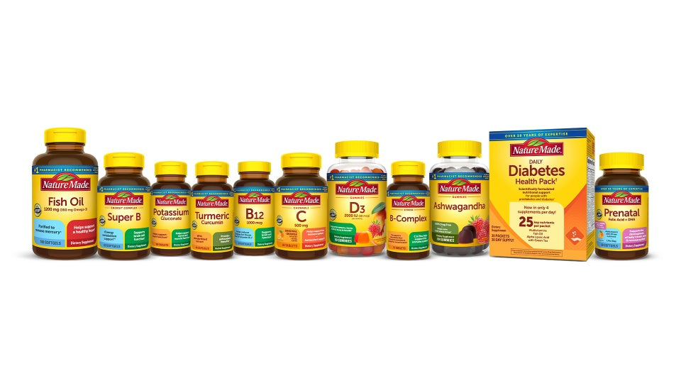 An array of Nature Made supplements including Super B, B12, Vitamin C, D3, B-Complex, Diabetes Health Pack and more on a white background.