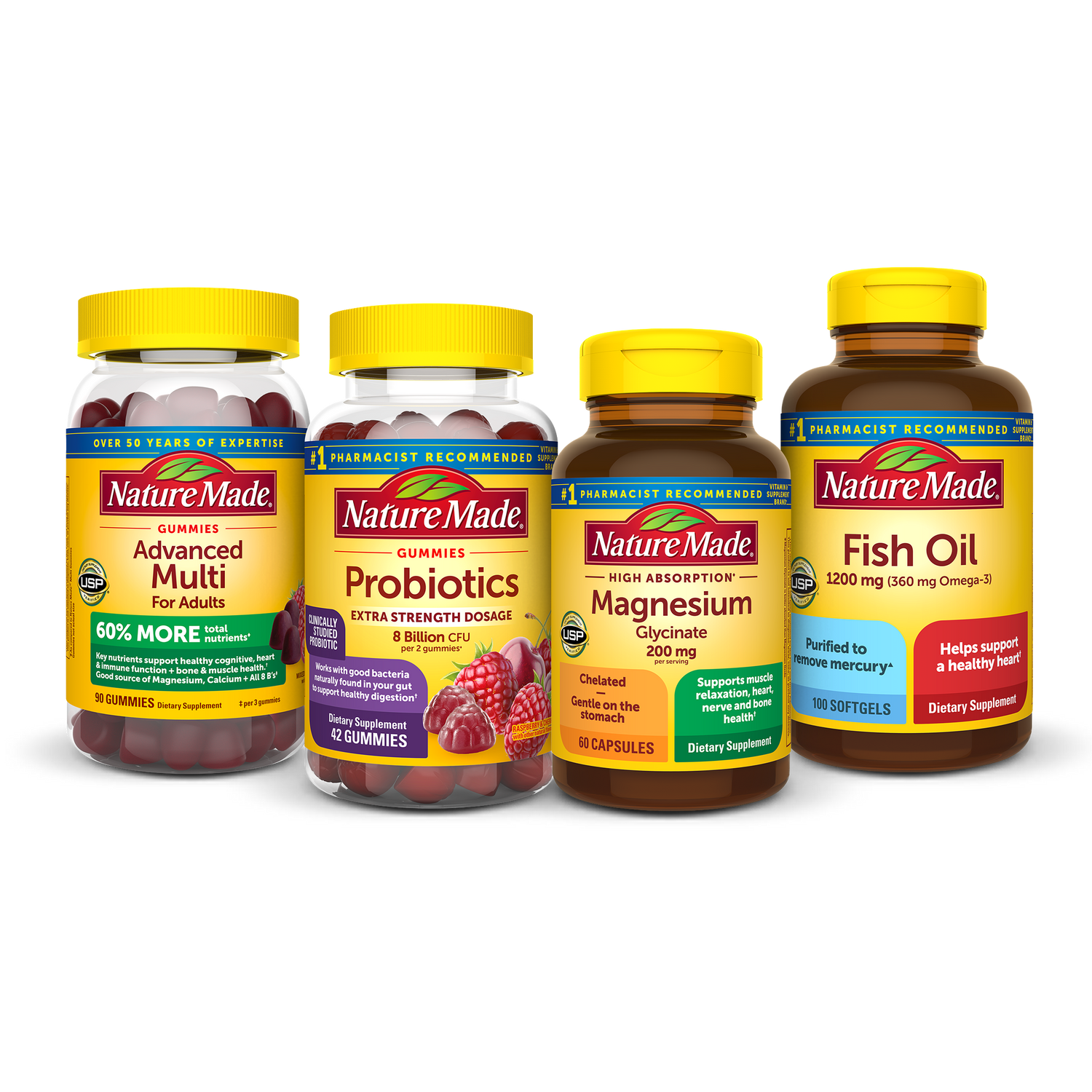 The Daily 4™ Value Pack | Nature Made supplement bottles including Advanced Multi, Probiotics, Magnesium, and Fish Oil.