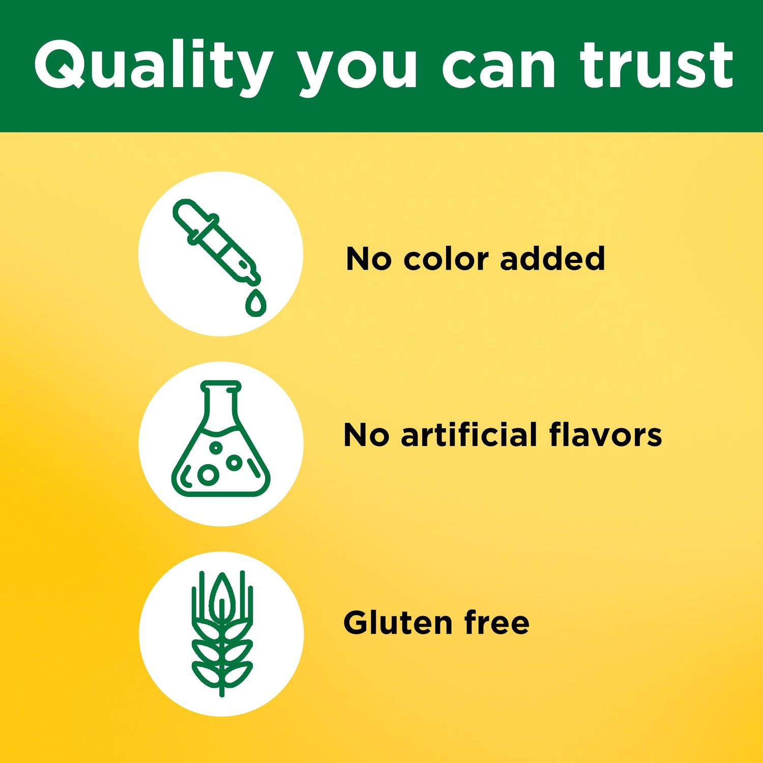 Vitamin D3 1000 IU (25 mcg) Tablets | Quality assurance claims on a yellow background with green icons and text.