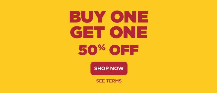Buy one get one 50% off messaging and red shop now button on a yellow background.