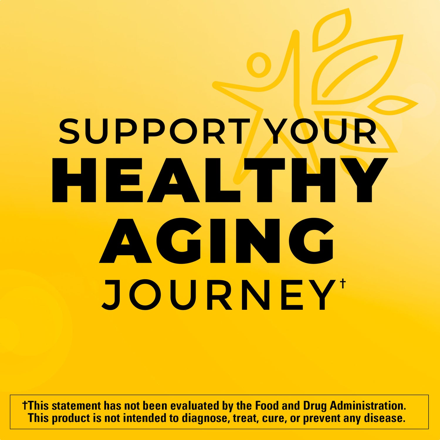 Vitamin D3 1000 IU (25 mcg) Tablets | Yellow background with black text 'Support Your Healthy Aging Journey' and a leaf graphic.