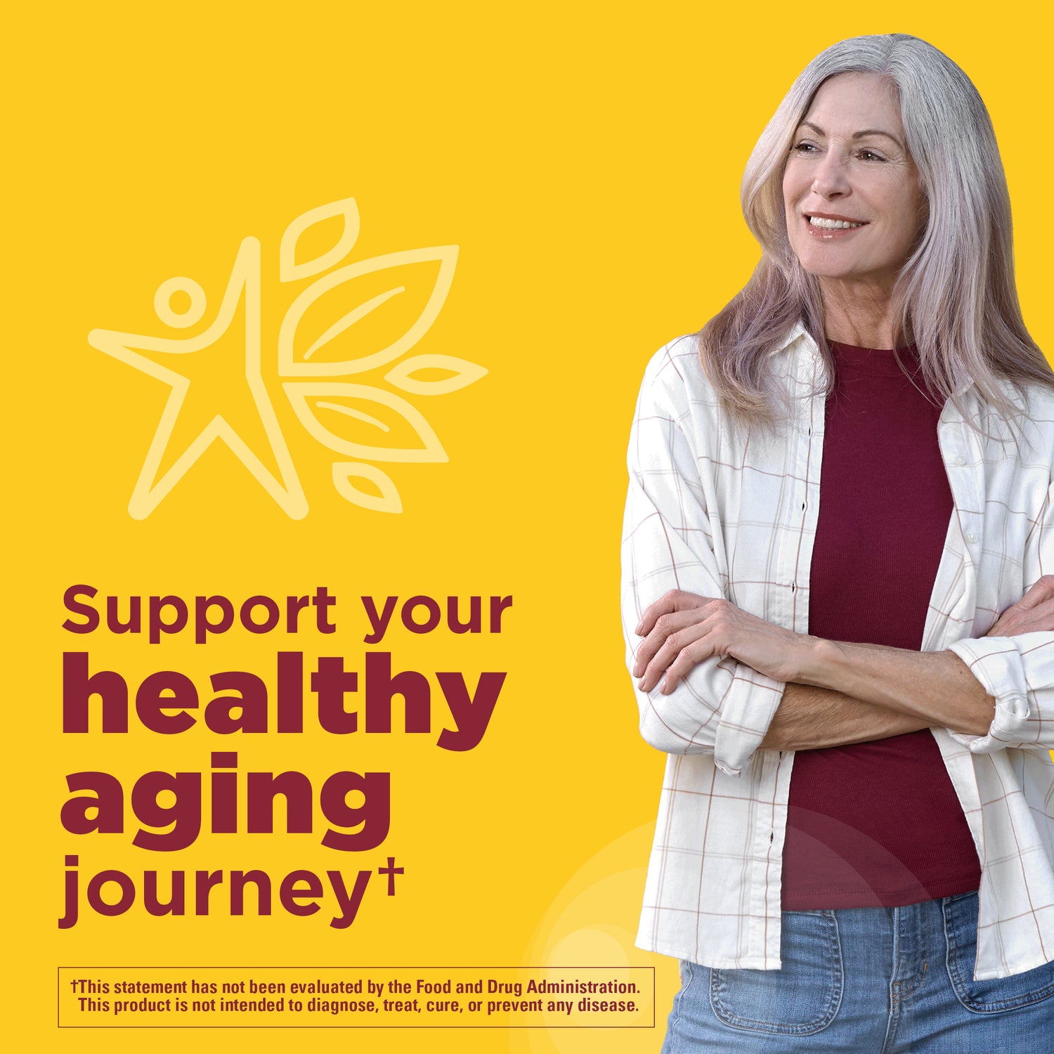 Advanced Hair, Skin & Nails Gummies | Adult woman standing beside “Support your healthy aging journey” text on a bright yellow background.