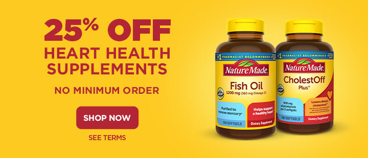 Nature Made fish oil and Cholest-Off Plus bottles on a yellow background with promotional text.