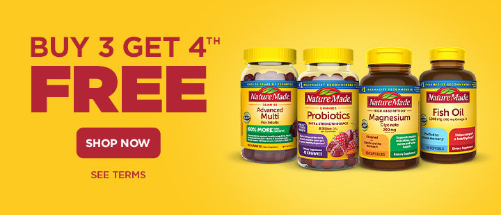 Nature Made vitamins and supplements with Buy 3 Get 4th Free offer on a yellow background.