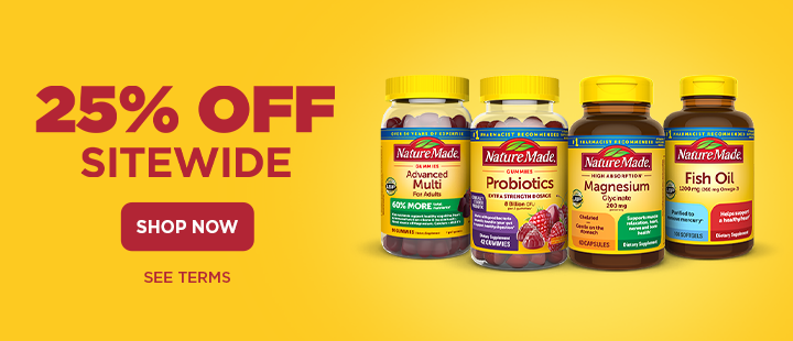 25% off sitewide text with Nature Made vitamins bottles of multivitamins, probiotics, magnesium, and fish oil on yellow background with red shop now button.