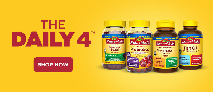 Nature Made supplement bottles on a yellow background with 'The Daily 4'.