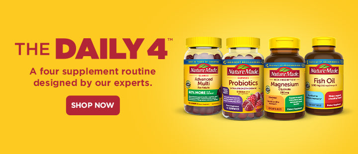 Nature Made Daily 4 supplement routine featuring Advanced Multi, Probiotics, Magnesium, and Fish Oil bottles with red shop now button.