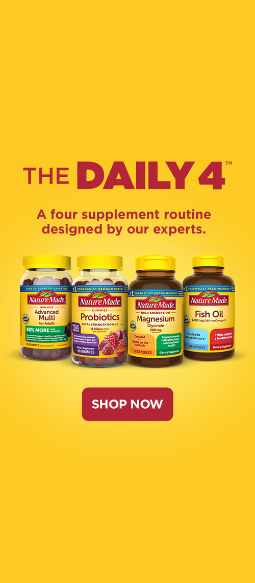 Nature Made Daily 4 supplement routine featuring Advanced Multi, Probiotics, Magnesium, and Fish Oil