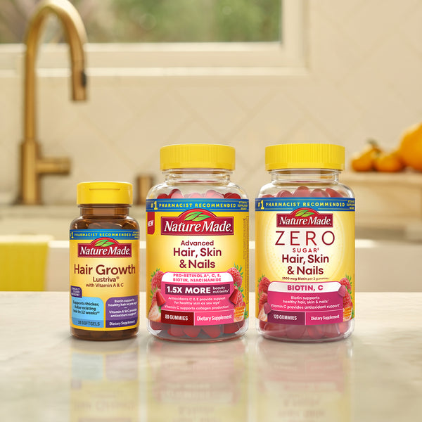 Nature Made Hair, Skin & Nails supplement lineup featuring Hair Growth softgels, Advanced Hair, Skin & Nails gummies, and Zero Sugar Hair, Skin & Nails gummies for beauty support.