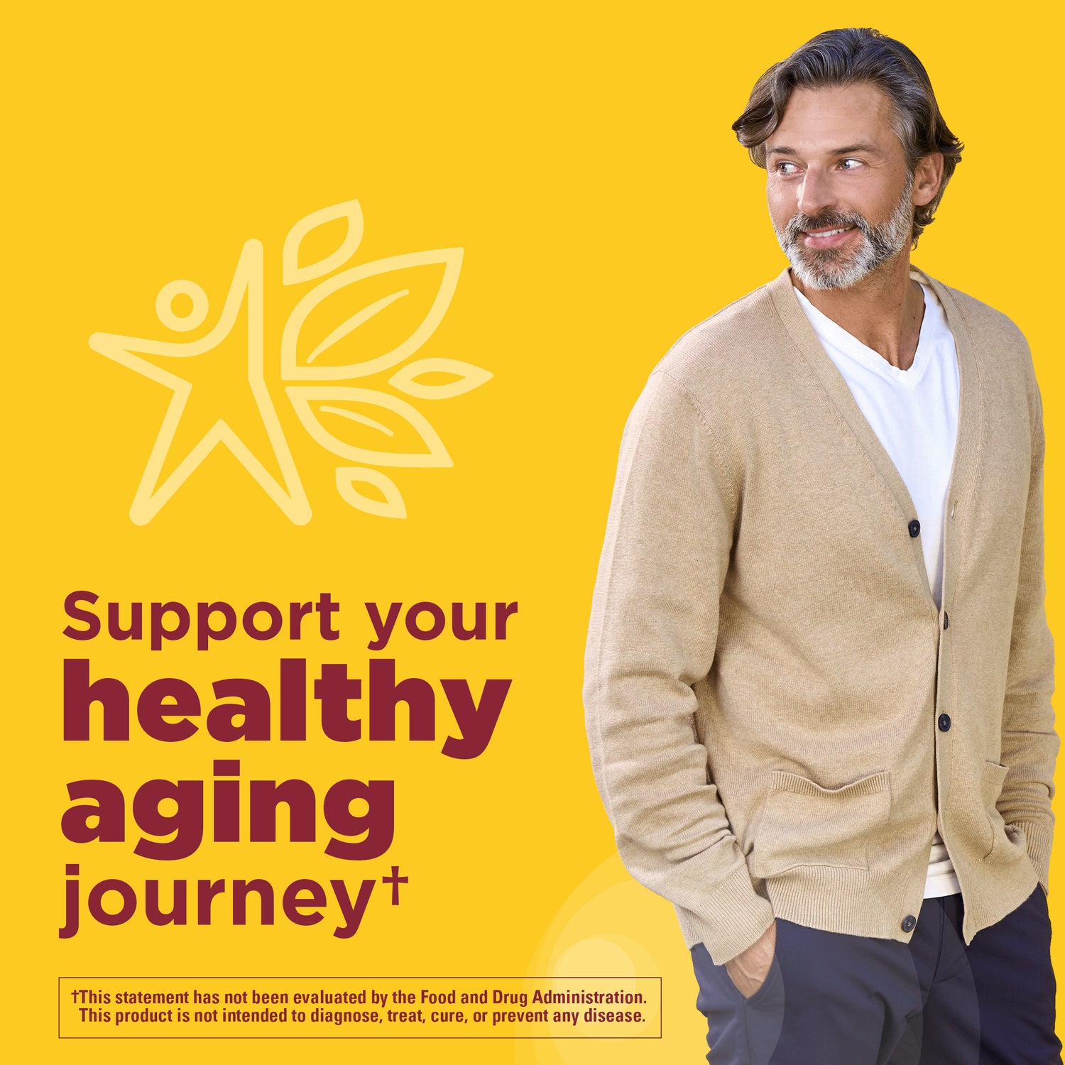 Zero Sugar‡ Magnesium Citrate Gummies 200 Mg Per Serving | Man standing against a yellow background with text 'Support your healthy aging journey'.