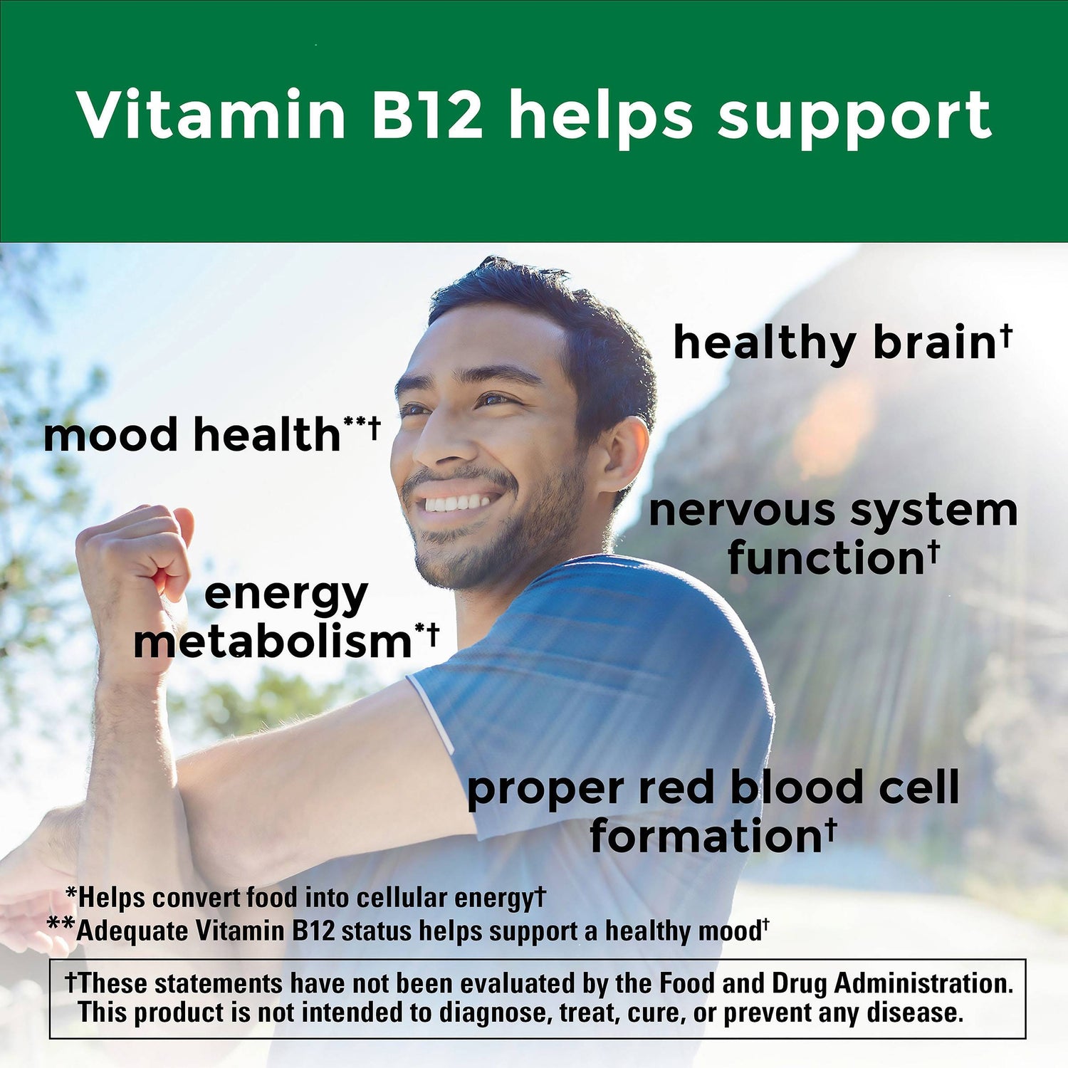 Vitamin B12 1000 mcg Softgels | Person outdoors with text about Vitamin B12 mood health, healthy brain, energy metabolism, nervous system function benefits on a green background
