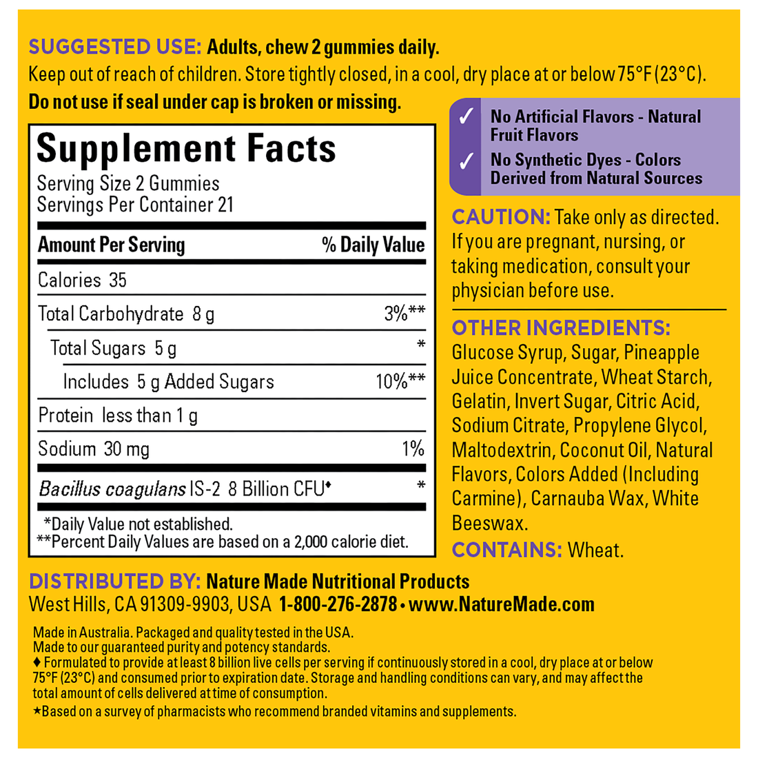 Nature Made Digestive Probiotics Extra Strength 8 Billion CFU per 2 Gummies
