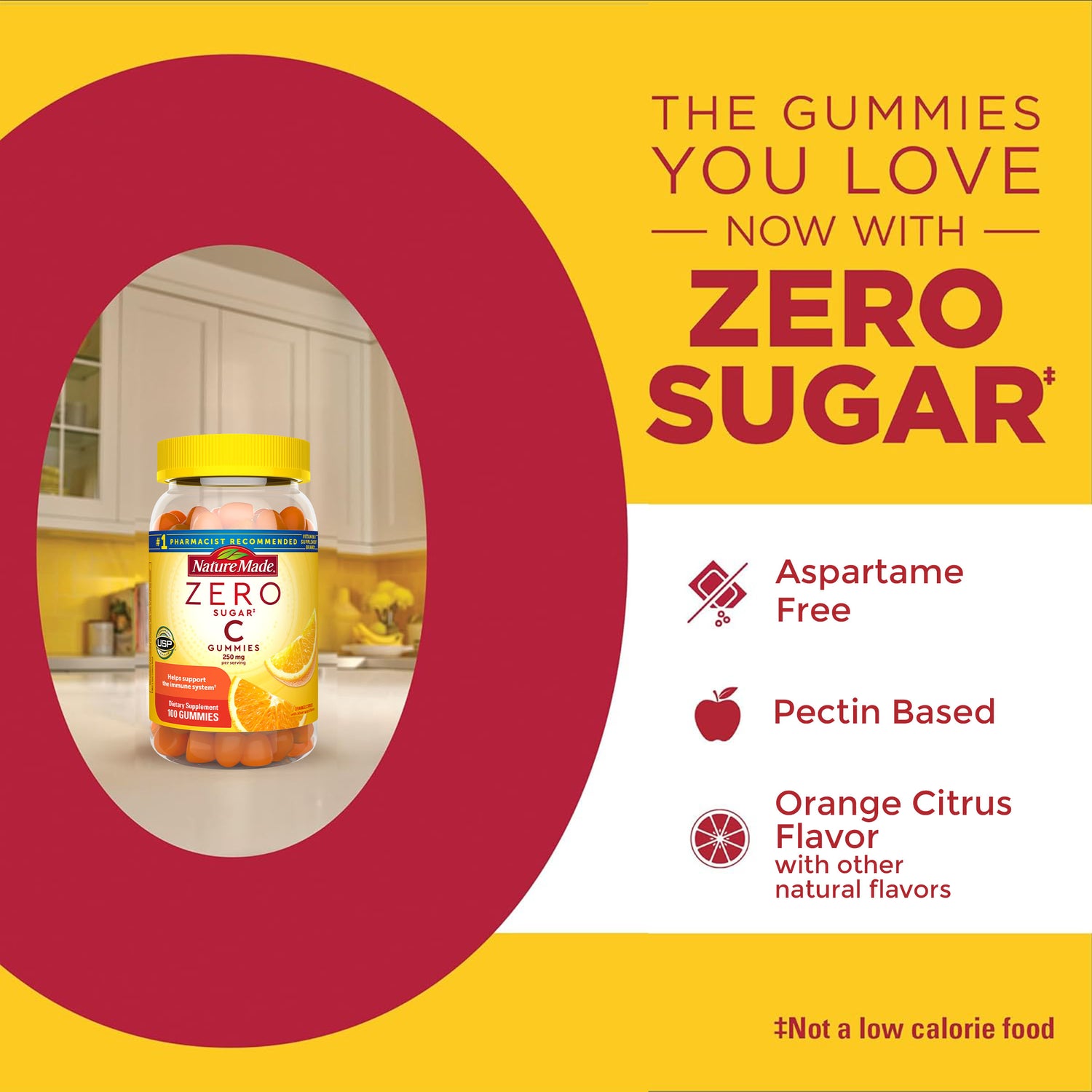 Zero Sugar‡ Vitamin C Gummies 250 Mg Per Serving | Nature Made Zero Sugar Vitamin C Gummies bottle on a yellow and red background with text highlighting aspartame-free, pectin-based, and orange citrus flavor.