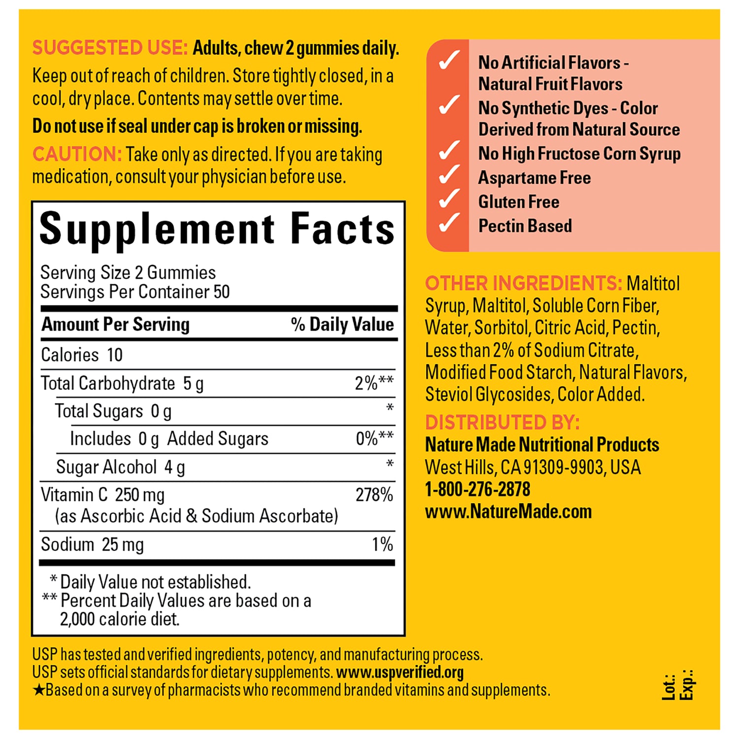 Zero Sugar‡ Vitamin C Gummies 250 Mg Per Serving | Supplement facts panel for Nature Made Zero Sugar Vitamin C Gummies showing serving size, nutritional values, ingredients, and claims like gluten free, aspartame free, and pectin based.