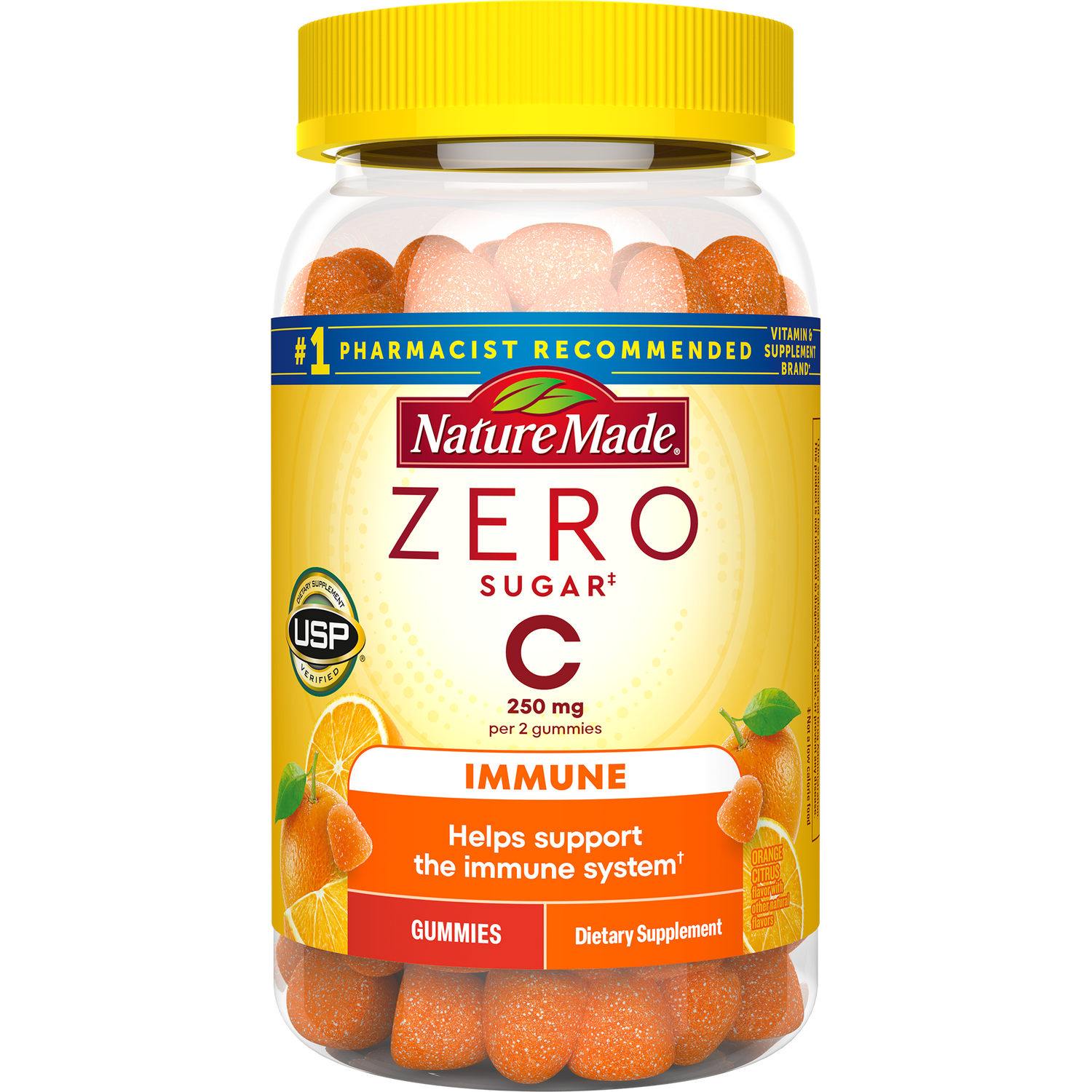 Zero Sugar‡ Vitamin C Gummies 250 Mg Per Serving | Bottle of Nature Made Zero Sugar Vitamin C Gummies with immune support claim, featuring orange citrus flavor and USP verified label.