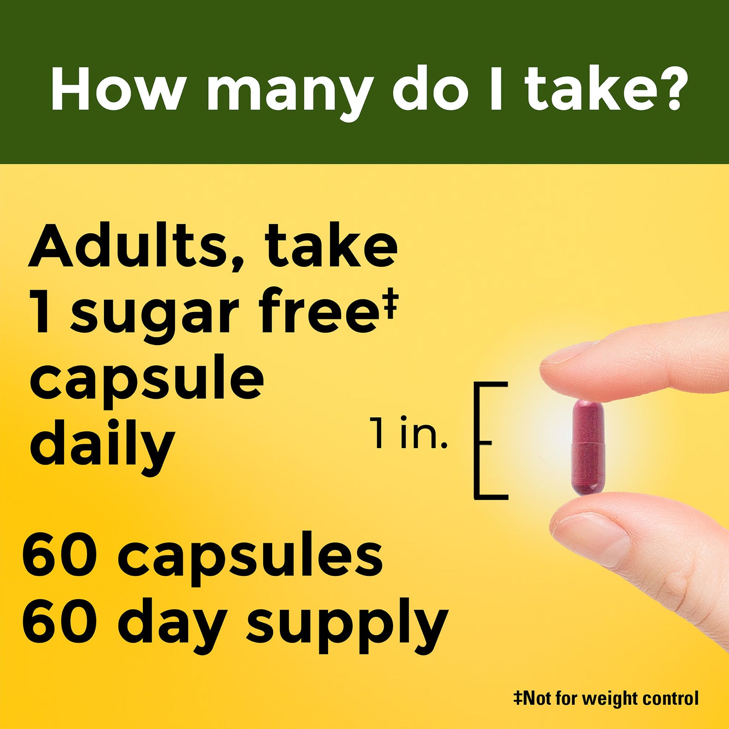 Cranberry Capsules 500 Mg With Vitamin C | Serving size instructions for cranberry supplement showing one capsule held between fingers, taken daily for a 60-day supply.