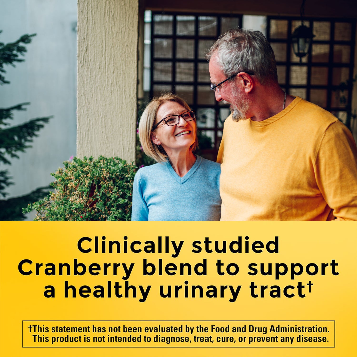 Cranberry Capsules 500 Mg With Vitamin C | Clinically studied cranberry blend supplement benefits for supporting a healthy urinary tract, displayed with bold text on a yellow background.