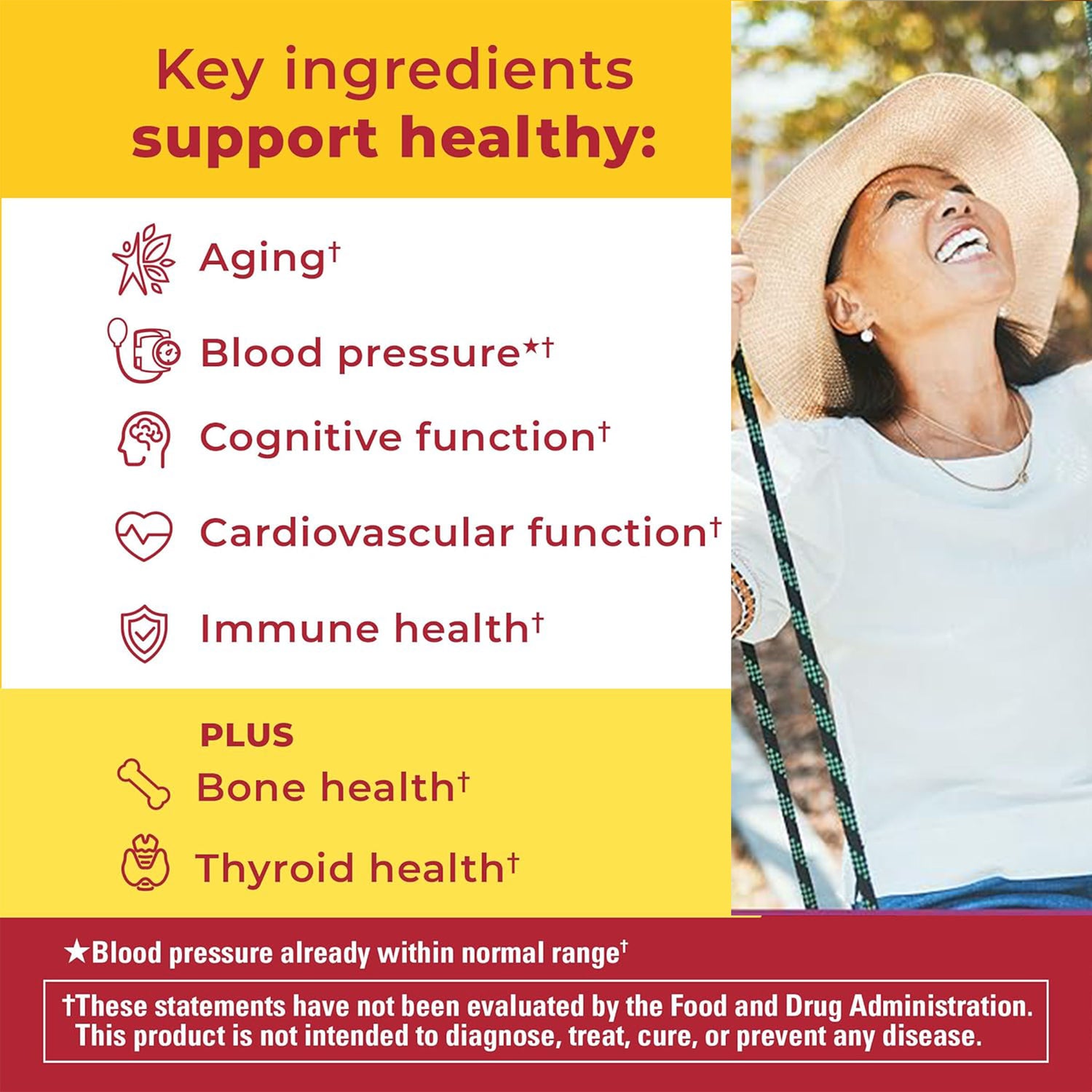 Advanced Multivitamin Gummies 50+ for Her | Graphic showing key ingredients that support healthy aging, blood pressure, cognitive function, cardiovascular health, immune health, plus bone and thyroid health on a yellow and red background.