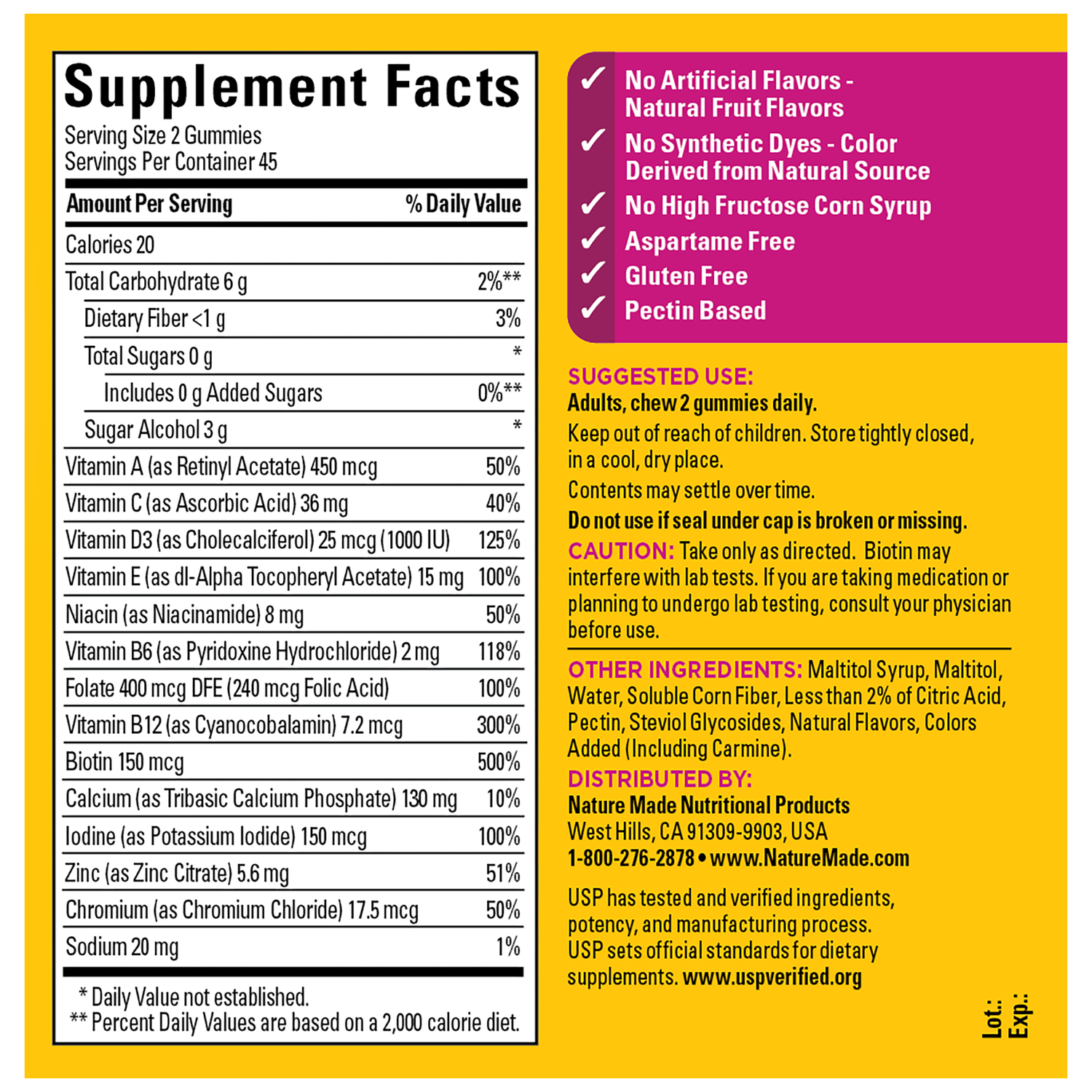 Zero Sugar‡ Women's Multivitamin Gummies | Back label of Nature Made Zero Sugar Women’s Multivitamin Gummies with Supplement Facts, directions, and ingredient list.