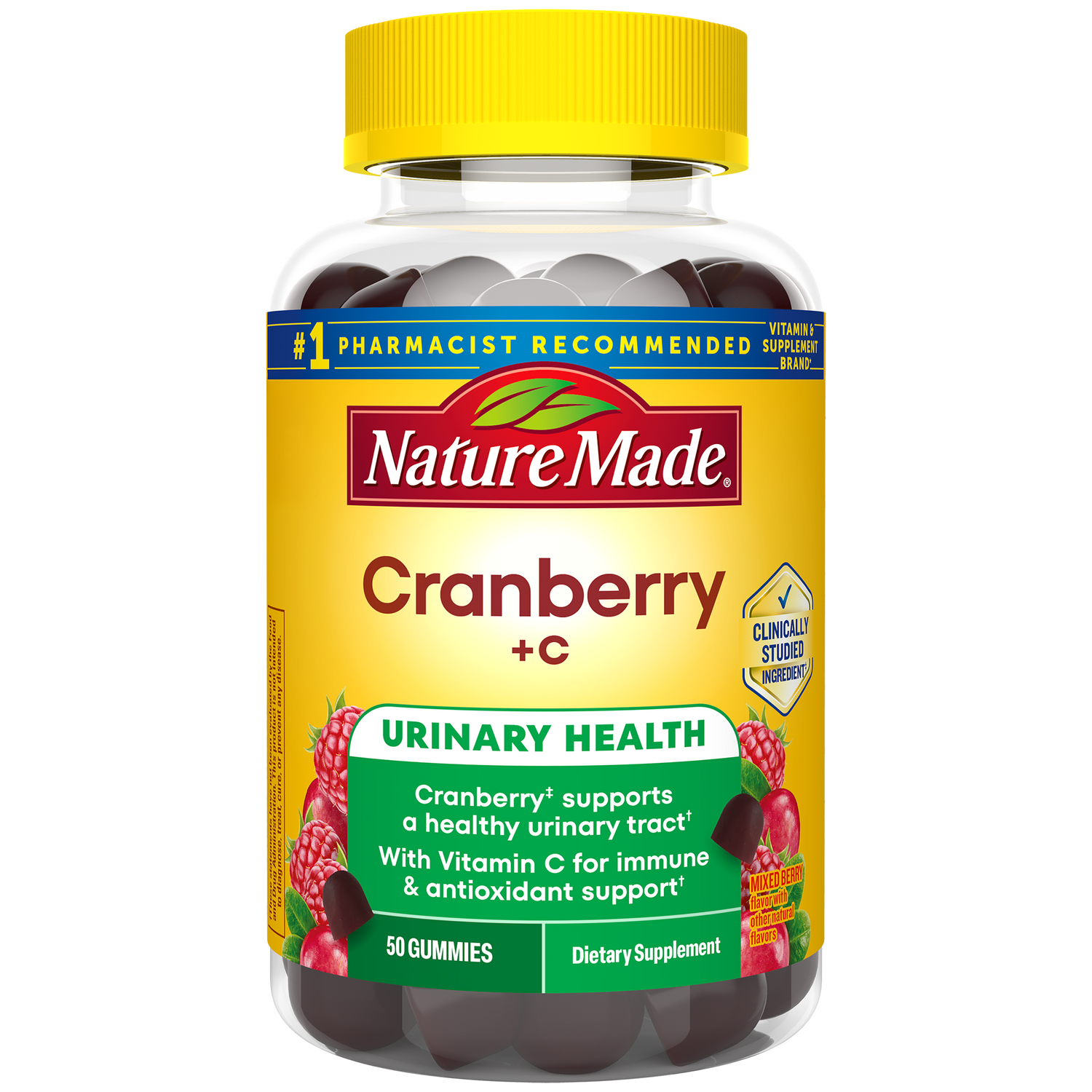Cranberry 500 mg Per Serving + Vitamin C Gummies | Nature Made Cranberry + C gummy supplement bottle.