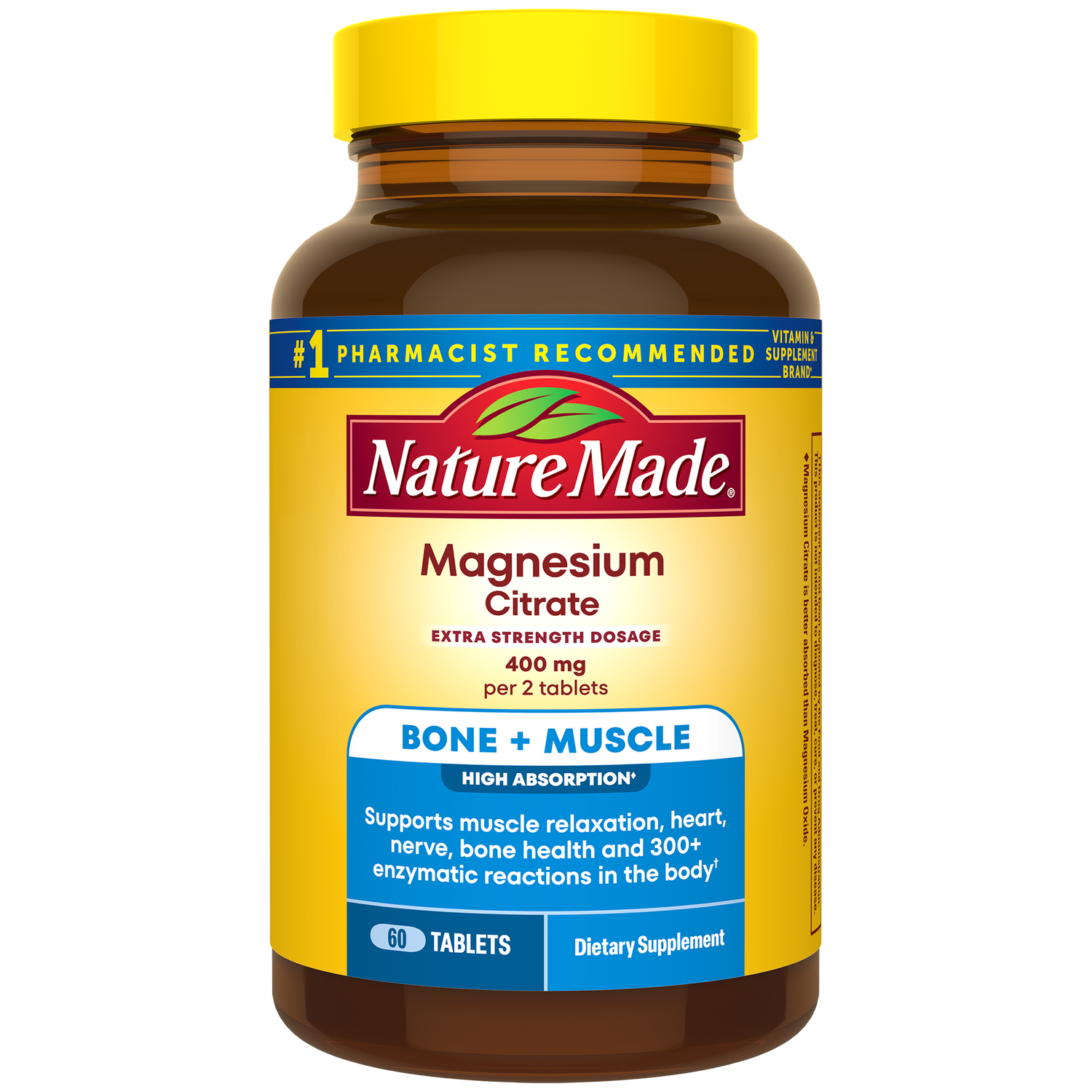 Magnesium Citrate Tablets Extra Strength Dosage High Absorption♦ 400 mg Per 2 Tablets | Nature Made Magnesium Citrate supplement bottle on a white background