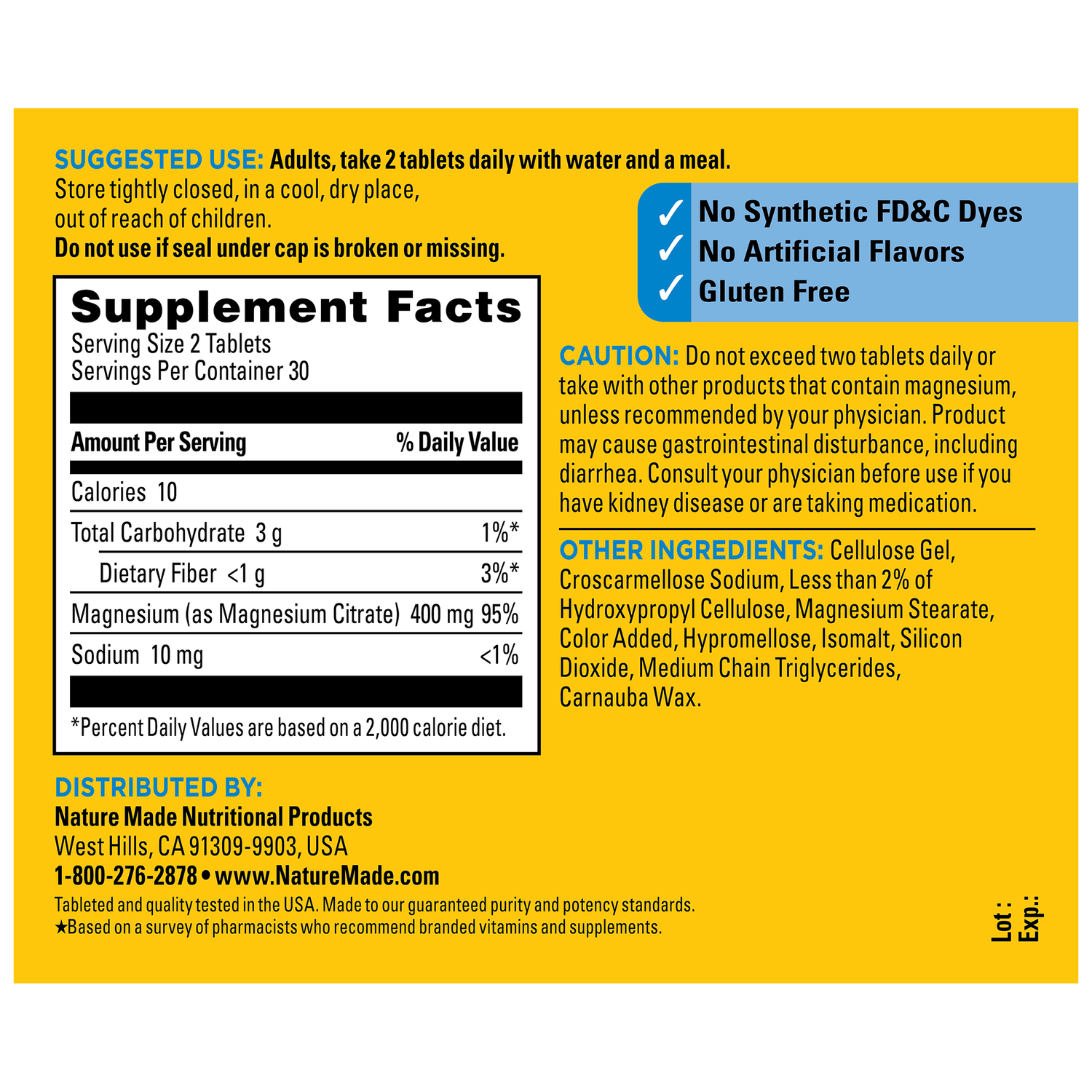 Magnesium Citrate Tablets Extra Strength Dosage High Absorption♦ 400 mg Per 2 Tablets | Back label of Nature Made Magnesium Citrate with Supplement Facts, directions, cautions, and ingredient list on a yellow background