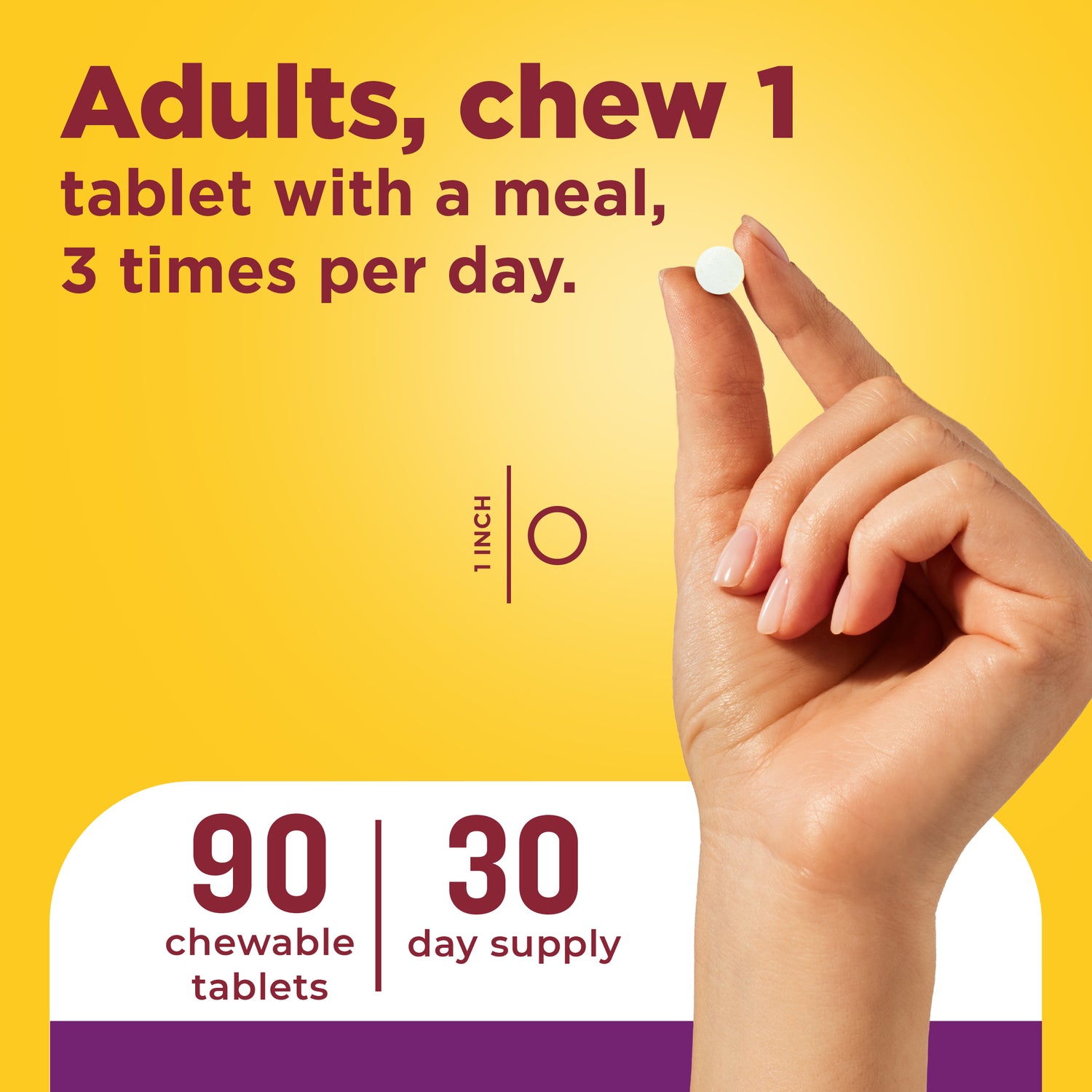 Digestive Enzymes 5-in-1 Blend Chewable Tablets | Hand holding a chewable tablet with dosage instructions showing one tablet per meal and 30‑day supply.