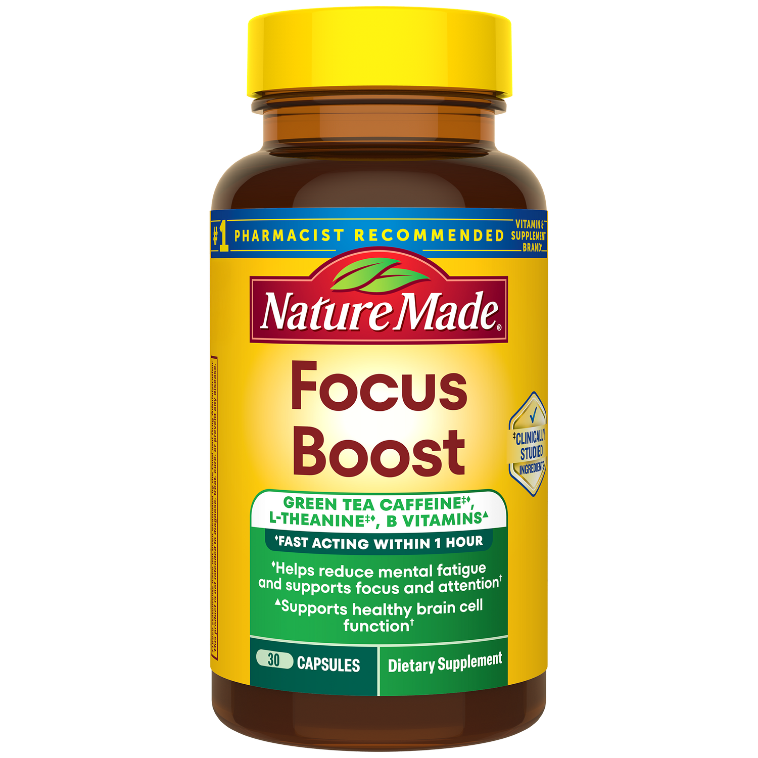 Focus Boost Capsules | Nature Made Focus Boost dietary supplement bottle.
