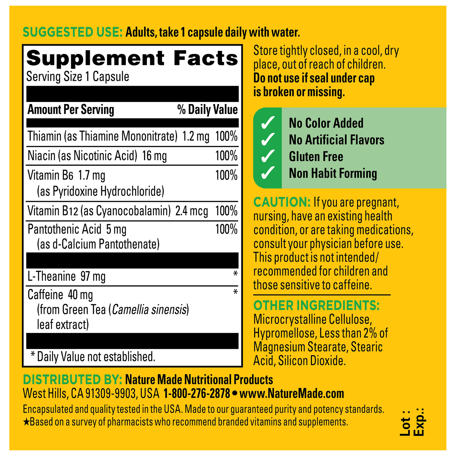 Focus Boost Capsules | Back label of Nature Made Focus Boost Capsules with suggested use, Supplement Facts, cautions, ingredient list and storage instructions on a yellow background