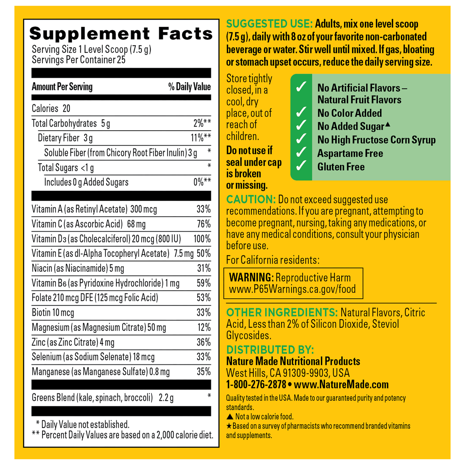 SuperGreens with Prebiotic Fiber Powder Drink Mix | Back label of Nature Made Super Greens Drink Mix Powder with Supplement Facts, suggested use, warnings, and ingredient list.