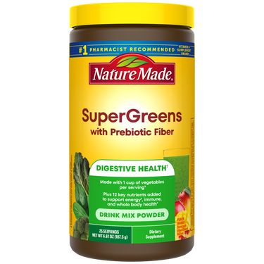 Nature Made SuperGreens with Prebiotic Fiber supplement container.