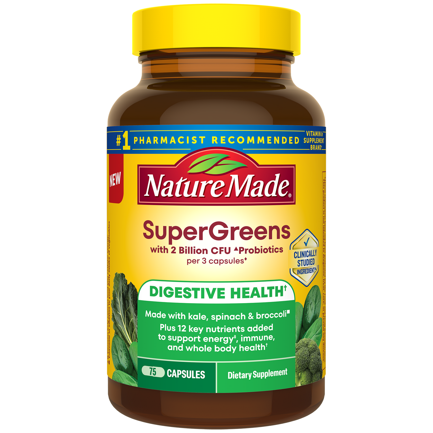 SuperGreens with 2 Billion CFU◆ Probiotics Capsules | Nature Made SuperGreens supplement bottle.