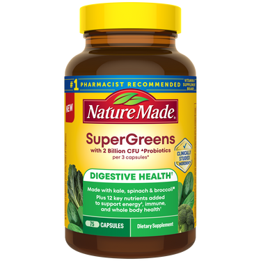 Nature Made SuperGreens supplement bottle.