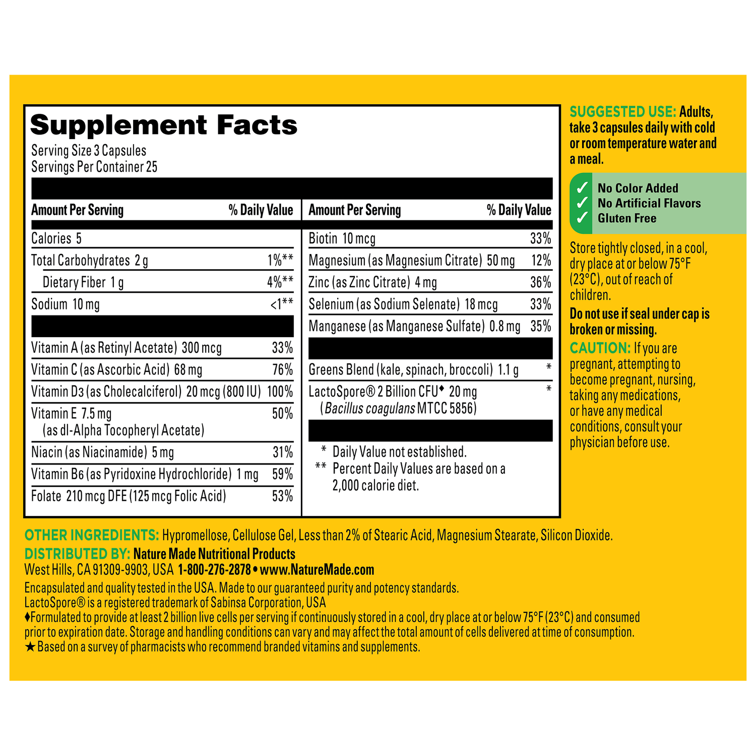 SuperGreens with 2 Billion CFU◆ Probiotics Capsules | Back label of Nature Made Super Greens capsules with Supplement Facts, suggested use, warnings, and ingredient list.