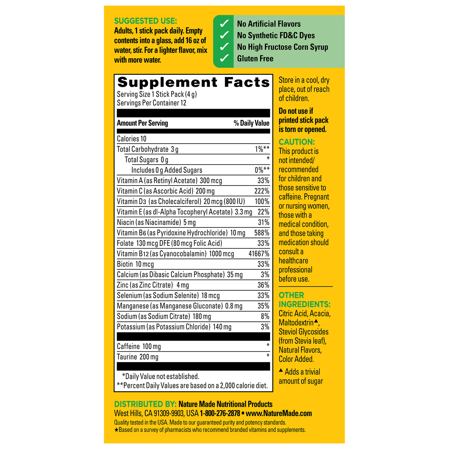 Zero Sugar‡ EnergyWell Drink Mix | Back label of Nature Made EnergyWell Zero Sugar Drink Mix with Supplement Facts, directions, warnings, and ingredient list.