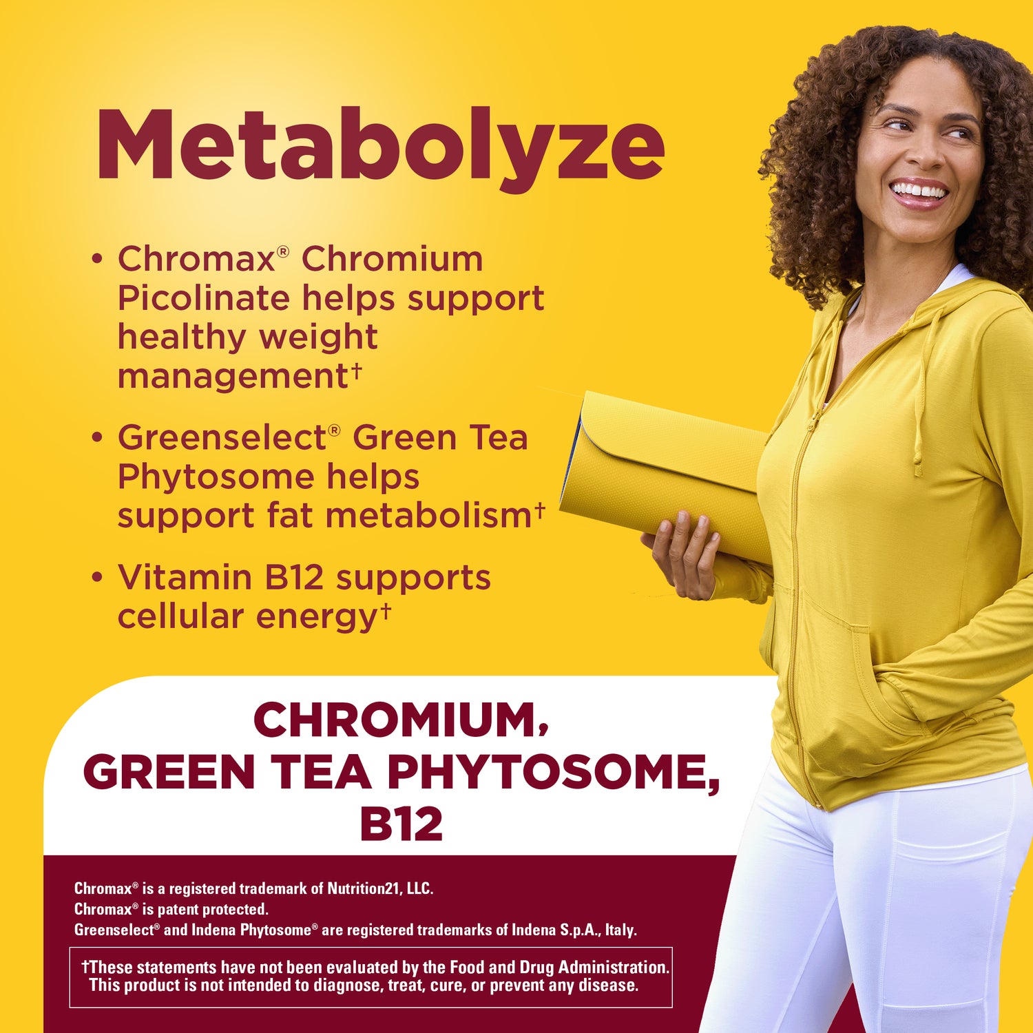 Metabolyze Capsules With Chromium, Green Tea Phytosome & B12 | Metabolyze graphic with a bright yellow background with dark red text reading 'Metabolize' and bullet points about Chromium, Green Tea Phytosome, and Vitamin B12.