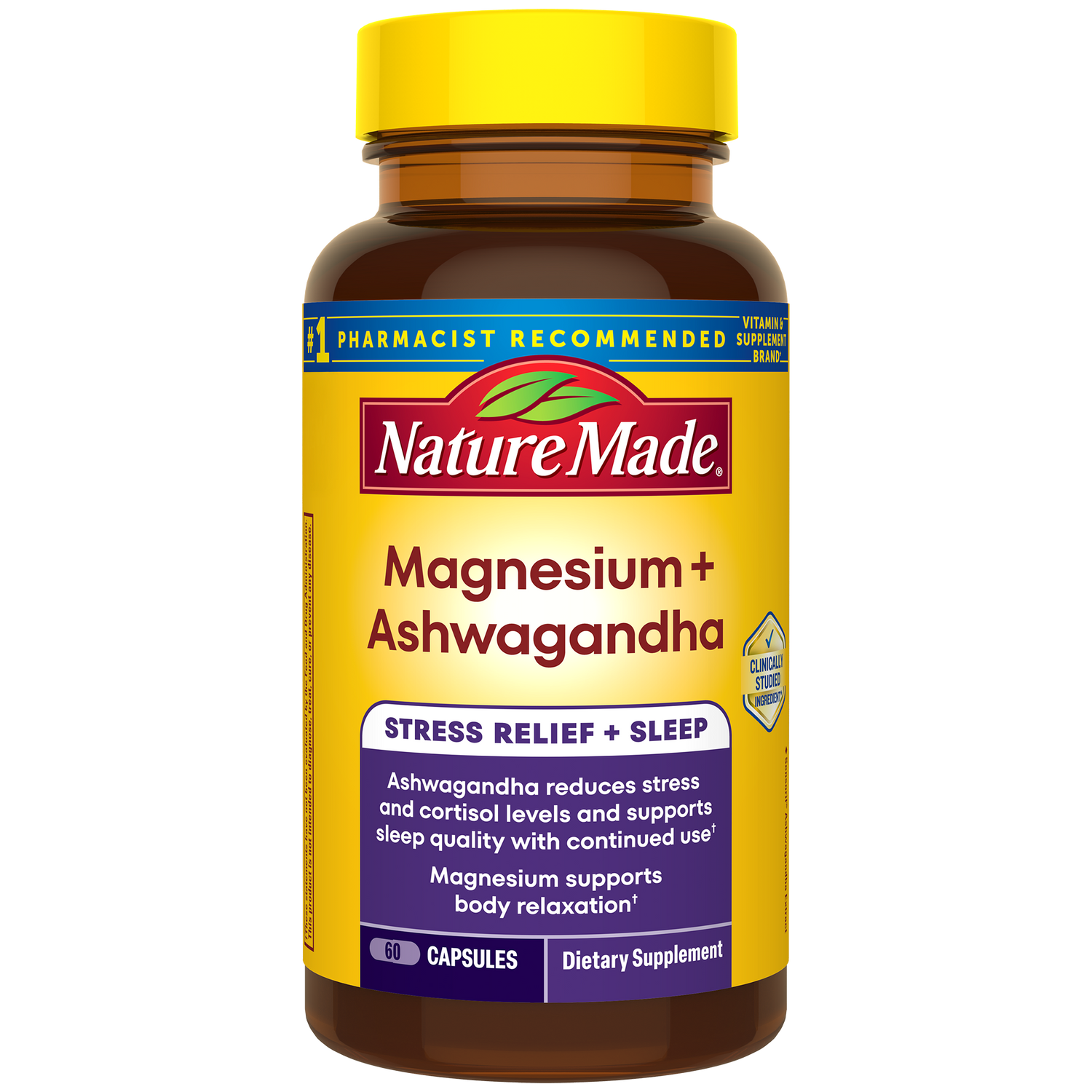 Magnesium 300 mg + Ashwagandha 125 mg Capsules | Nature Made Magnesium + Ashwagandha supplement bottle.