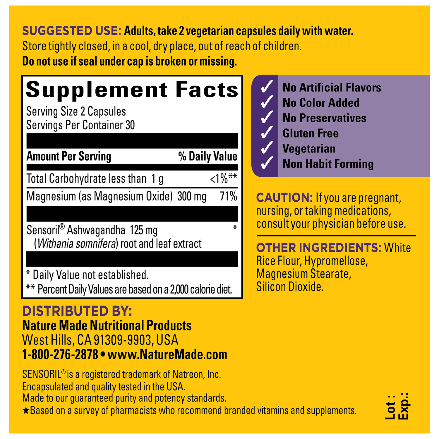 Magnesium 300 mg + Ashwagandha 125 mg Capsules | Back label of Nature Made Magnesium with Ashwagandha showing Supplement Facts, directions, cautions, and ingredients.