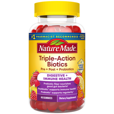 Nature Made Triple-Action Biotics bottle with gummy vitamins.