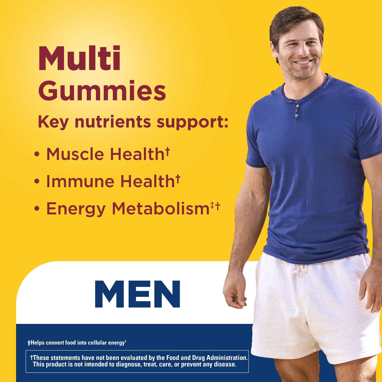 Men's Multi Gummies | Man smiling next to multivitamin gummies highlighting muscle, immune, and energy support