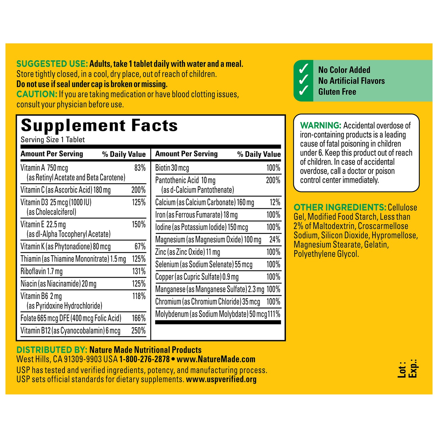 Multivitamin Tablets with Iron | Nature Made Multivitamin Tablets with Iron Supplement facts label with detailed nutritional information and ingredients on a white background