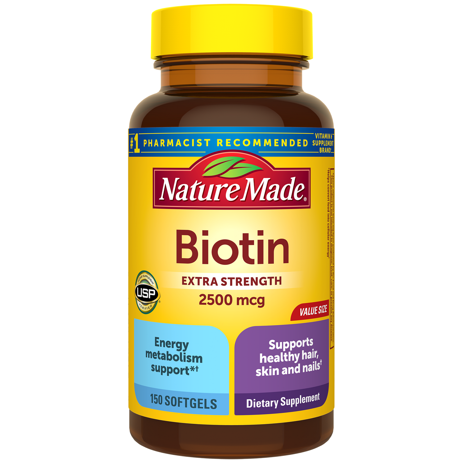 Biotin Extra Strength 2500 mcg Softgels | Nature Made Biotin 2500 mcg supplement bottle with Supports healthy hair skin and nails text with a yellow cap.