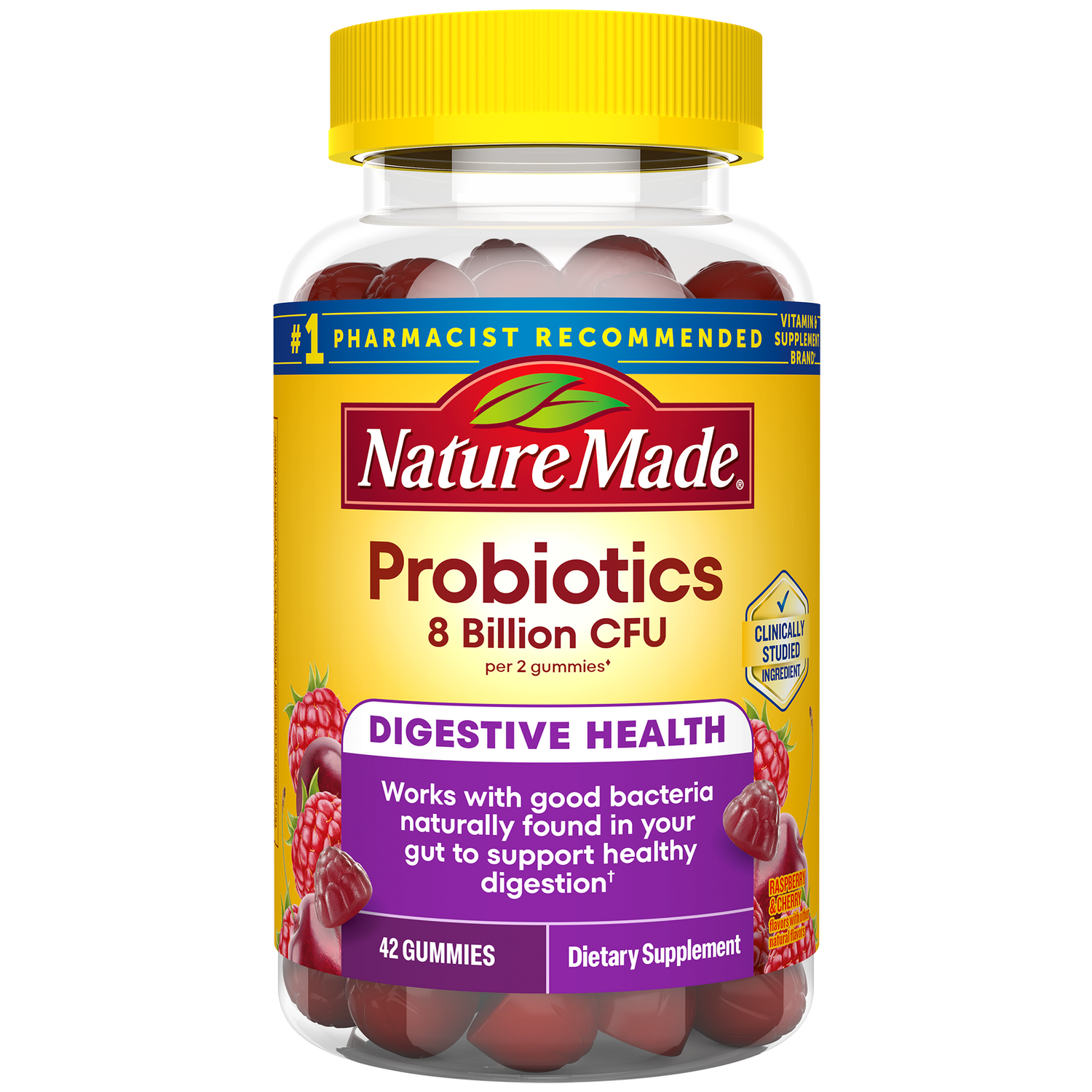 Digestive Probiotics Extra Strength 8 Billion CFU per 2 Probiotic Gummies | Nature Made Digestive Probiotics Extra Strength 8 Billion CFU per 2 Probiotic Gummies bottle with a yellow top.