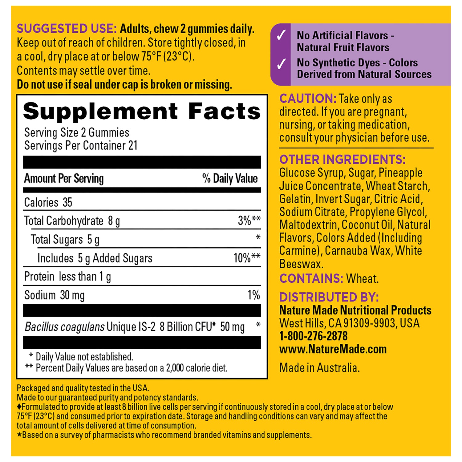 Digestive Probiotics Extra Strength 8 Billion CFU per 2 Probiotic Gummies | Digestive Probiotics Extra Strength 8 Billion CFU per 2 Probiotic Gummies Supplement label with ingredients, serving size, and nutritional information on a yellow background