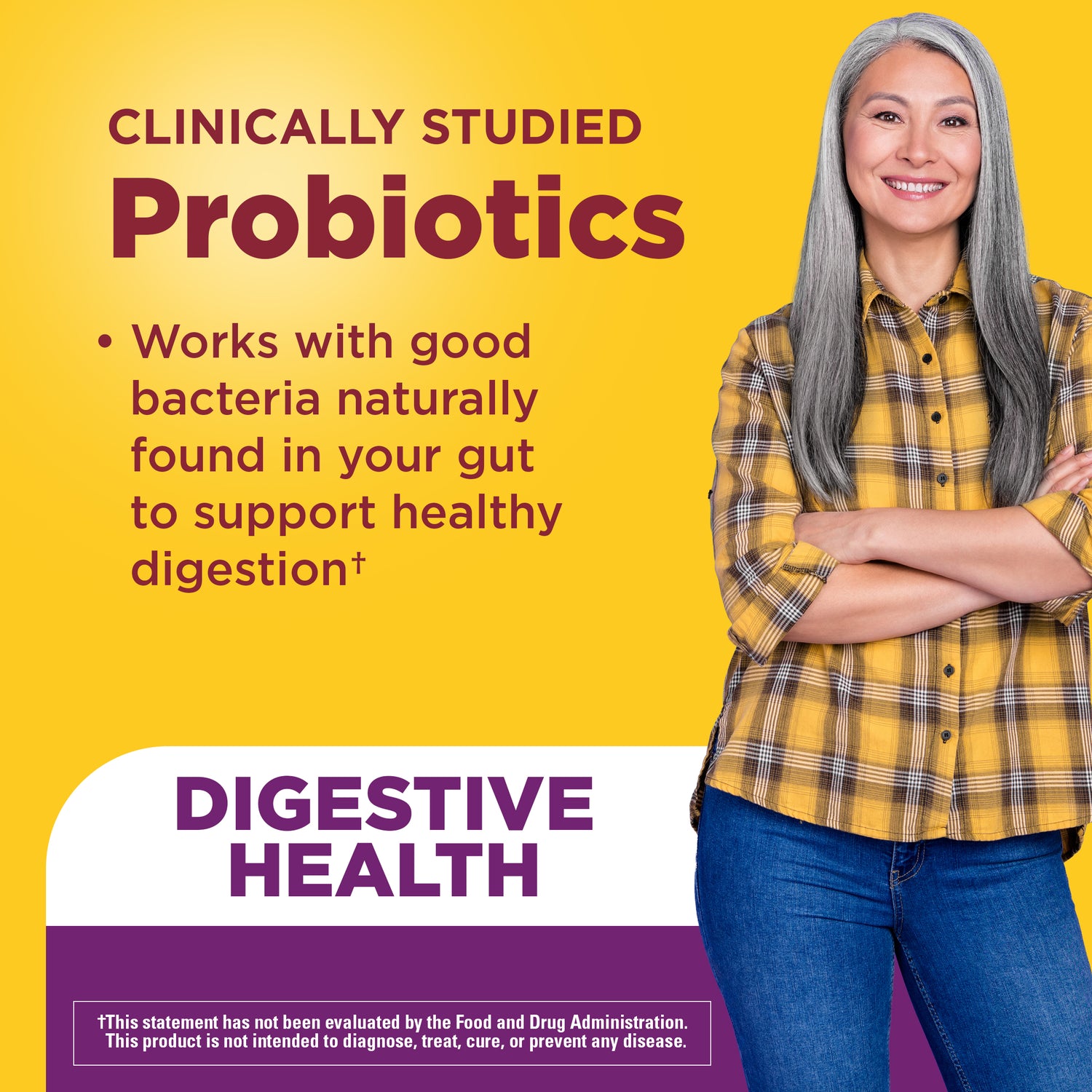 Digestive Probiotics Extra Strength 8 Billion CFU per 2 Probiotic Gummies | Woman standing against a yellow background with text about clinically studied probiotics for digestive health.