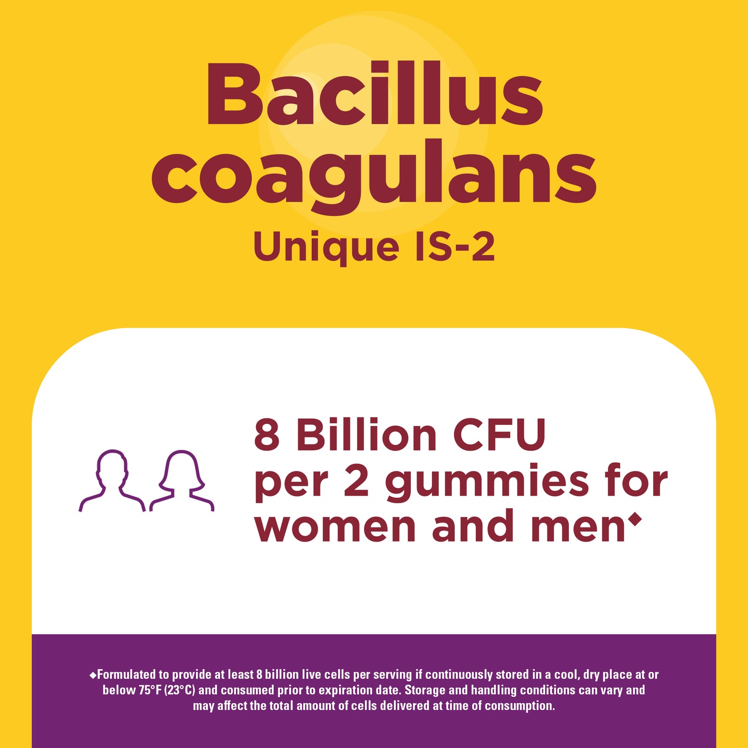 Digestive Probiotics Extra Strength 8 Billion CFU per 2 Probiotic Gummies | Bacillus coagulans supplement packaging with text on a yellow and purple background