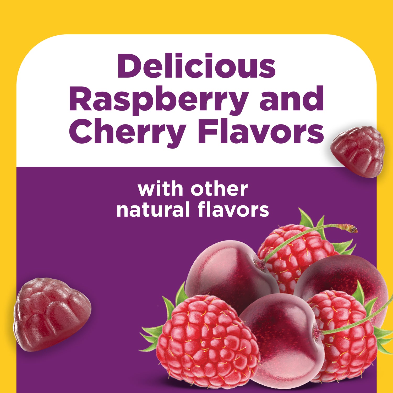 Digestive Probiotics Extra Strength 8 Billion CFU per 2 Probiotic Gummies | Product label with raspberry and cherry illustration and text on a yellow and purple background