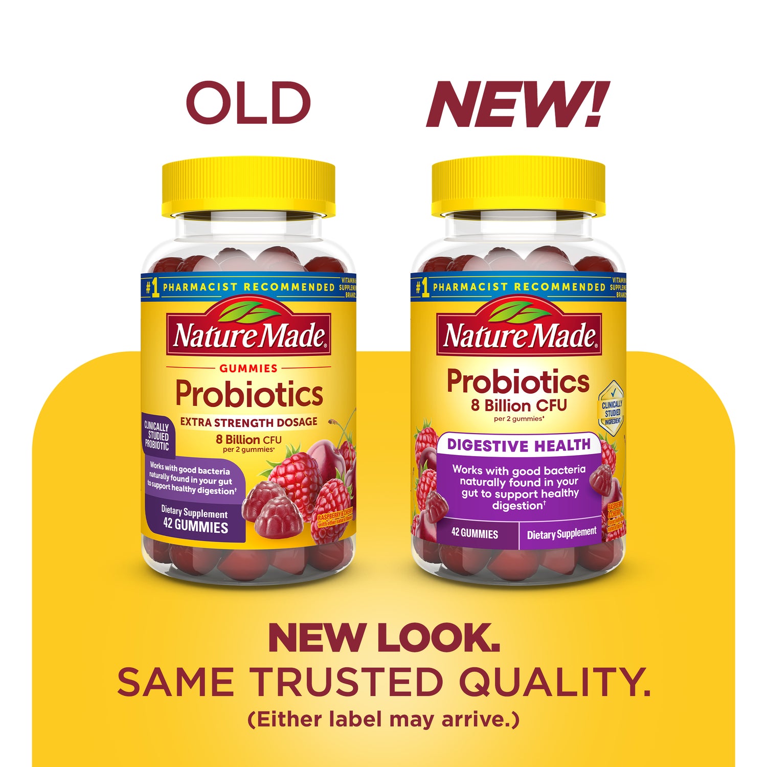 Digestive Probiotics Extra Strength 8 Billion CFU per 2 Probiotic Gummies | Two bottles of Nature Made Probiotics with 'Old' and 'New!' labels on a yellow background.
